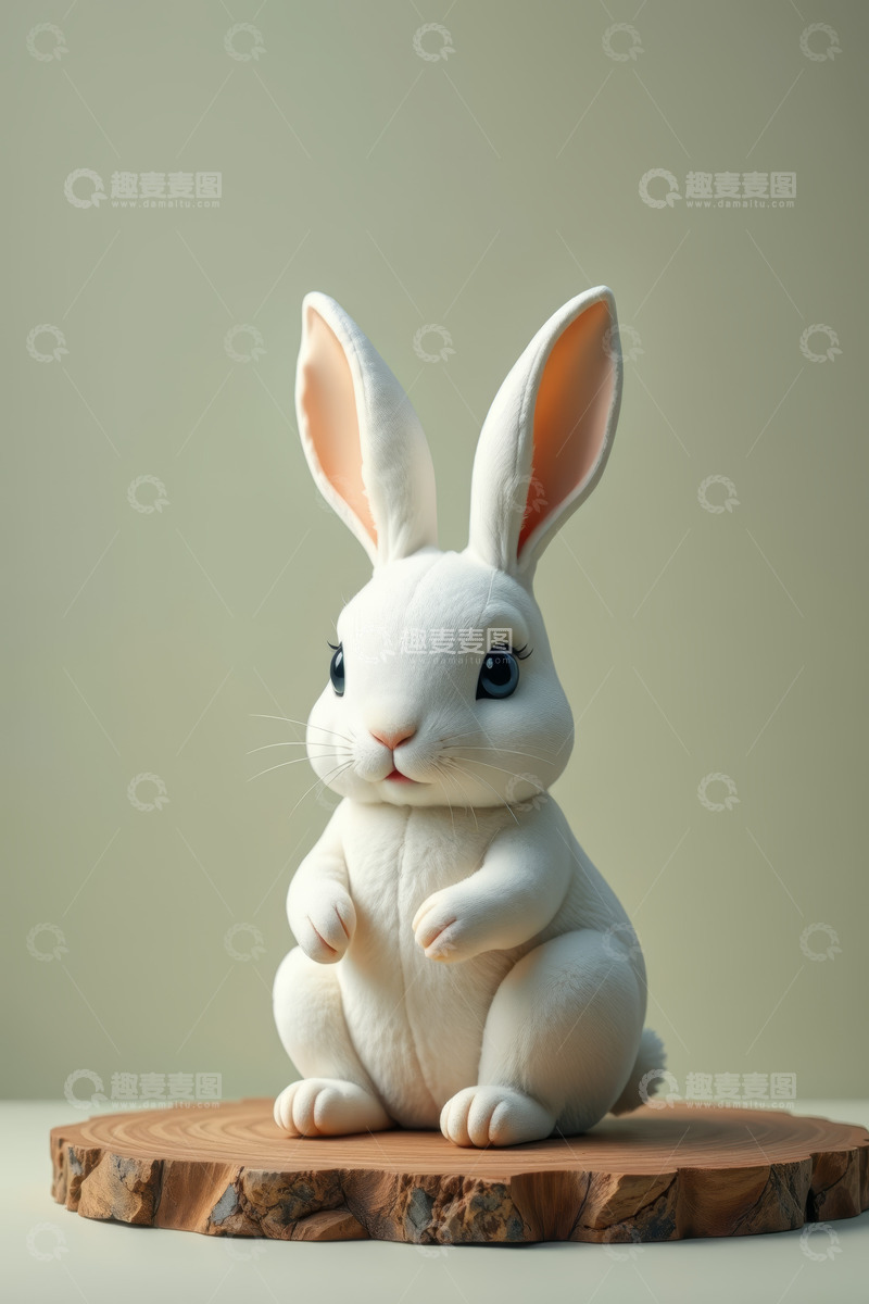 高清大图下载【趣麦麦图】可爱白兔坐于木桩上