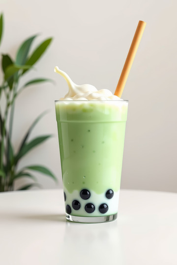 玻璃杯装抹茶珍珠奶茶饮品