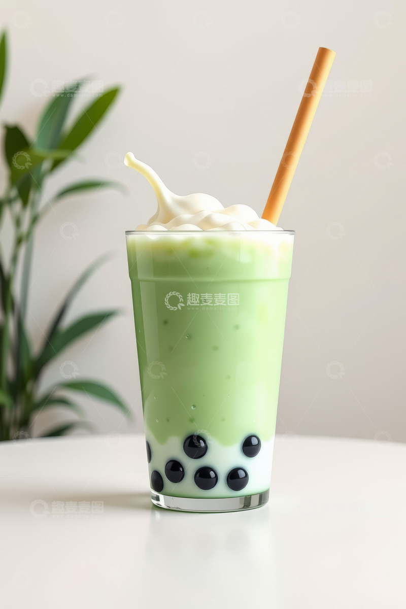 高清大图下载【趣麦麦图】玻璃杯装抹茶珍珠奶茶饮品