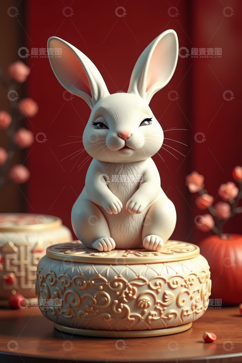 高清大图下载【趣麦麦图】白兔摆件置于中式装饰底座上