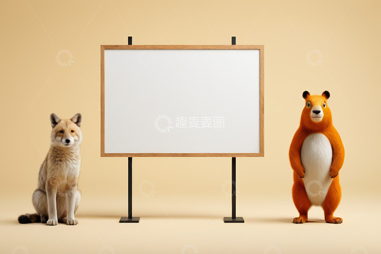 狐狸与卡通熊站在空白展示板旁