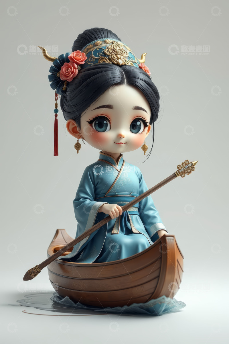 高清大图下载【趣麦麦图】古风卡通女孩划船形象