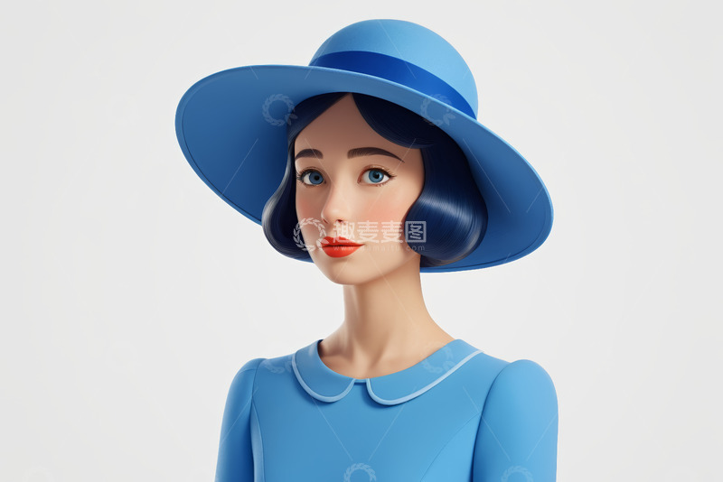 高清大图下载【趣麦麦图】戴蓝帽穿蓝衣的女性肖像