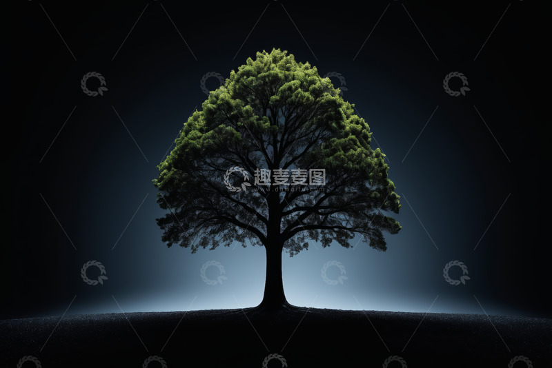高清大图下载【趣麦麦图】黑色背景下的单棵绿树