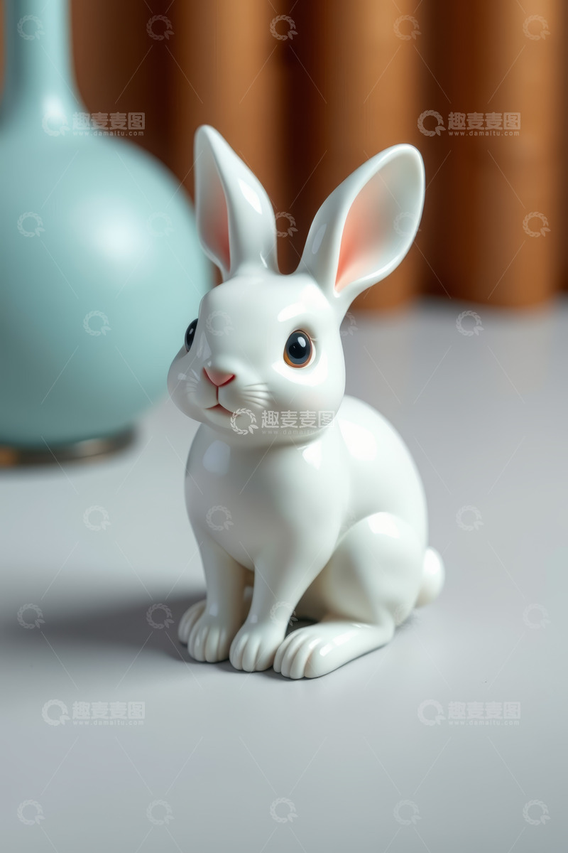 高清大图下载【趣麦麦图】白色陶瓷兔子摆件特写