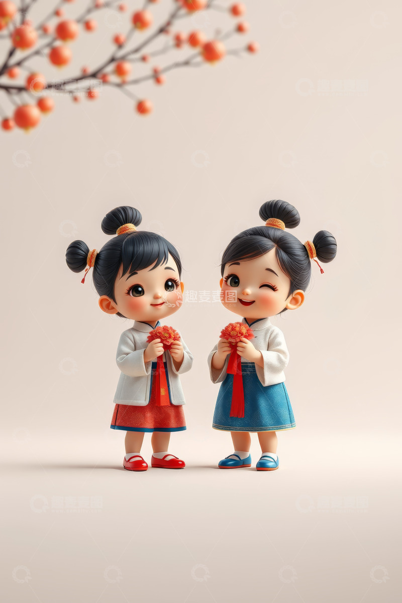 高清大图下载【趣麦麦图】中式风格卡通小女孩手持花饰