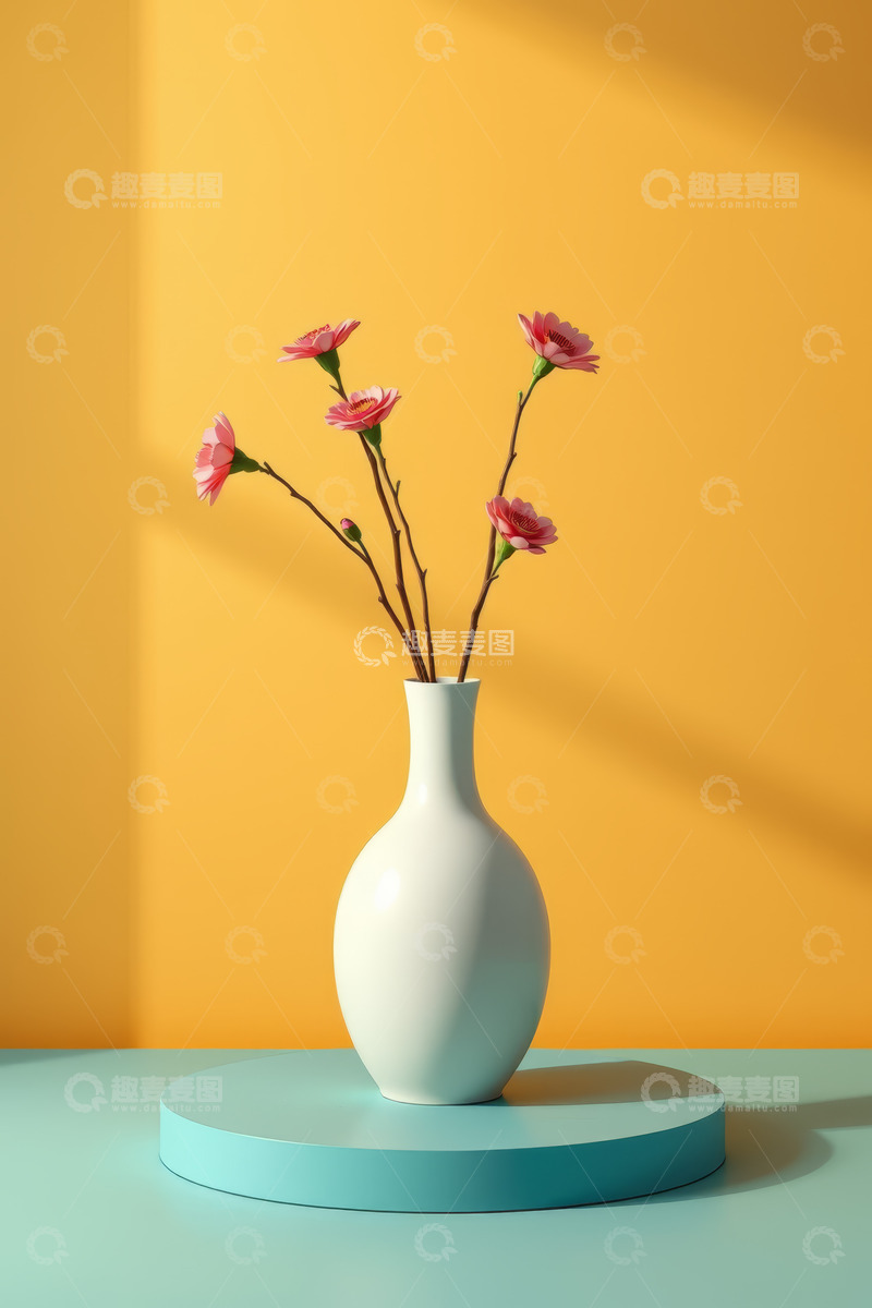 高清大图下载【趣麦麦图】白色花瓶插着粉色花朵