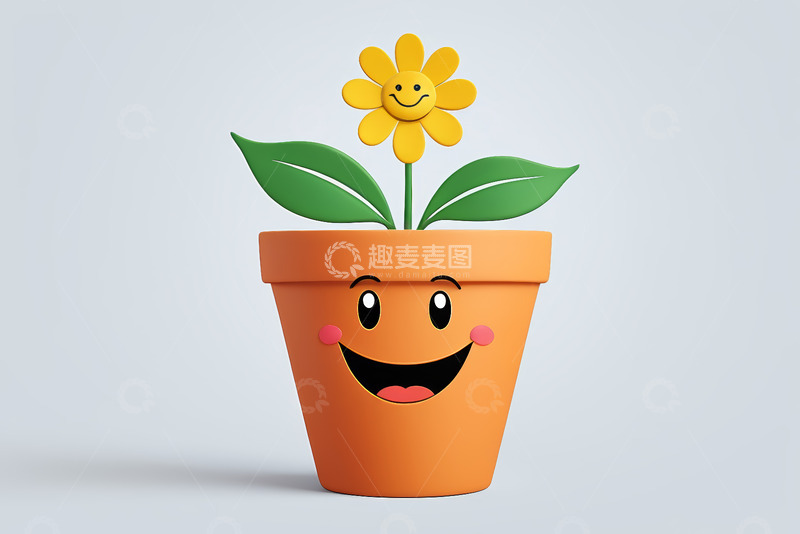 高清大图下载【趣麦麦图】卡通笑脸花盆与花朵