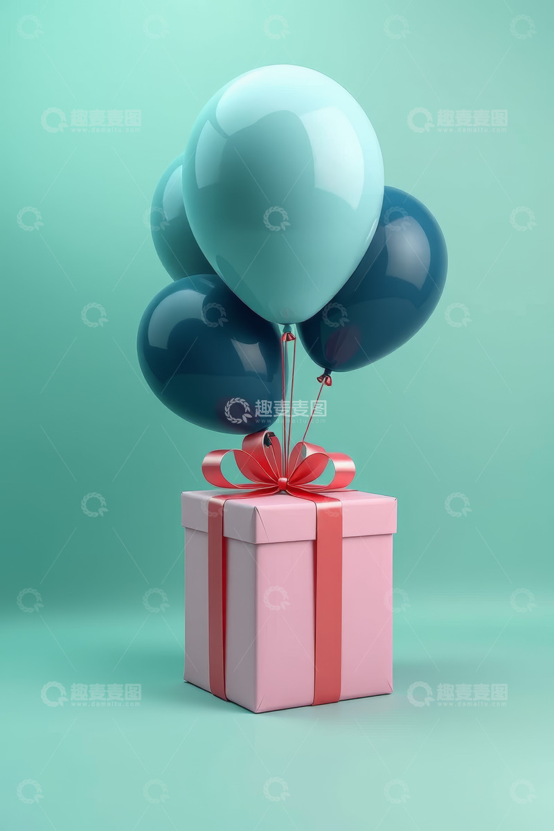 高清大图下载【趣麦麦图】粉色礼盒配蓝绿色气球素材