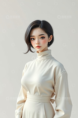 AI短发美女高领服饰肖像