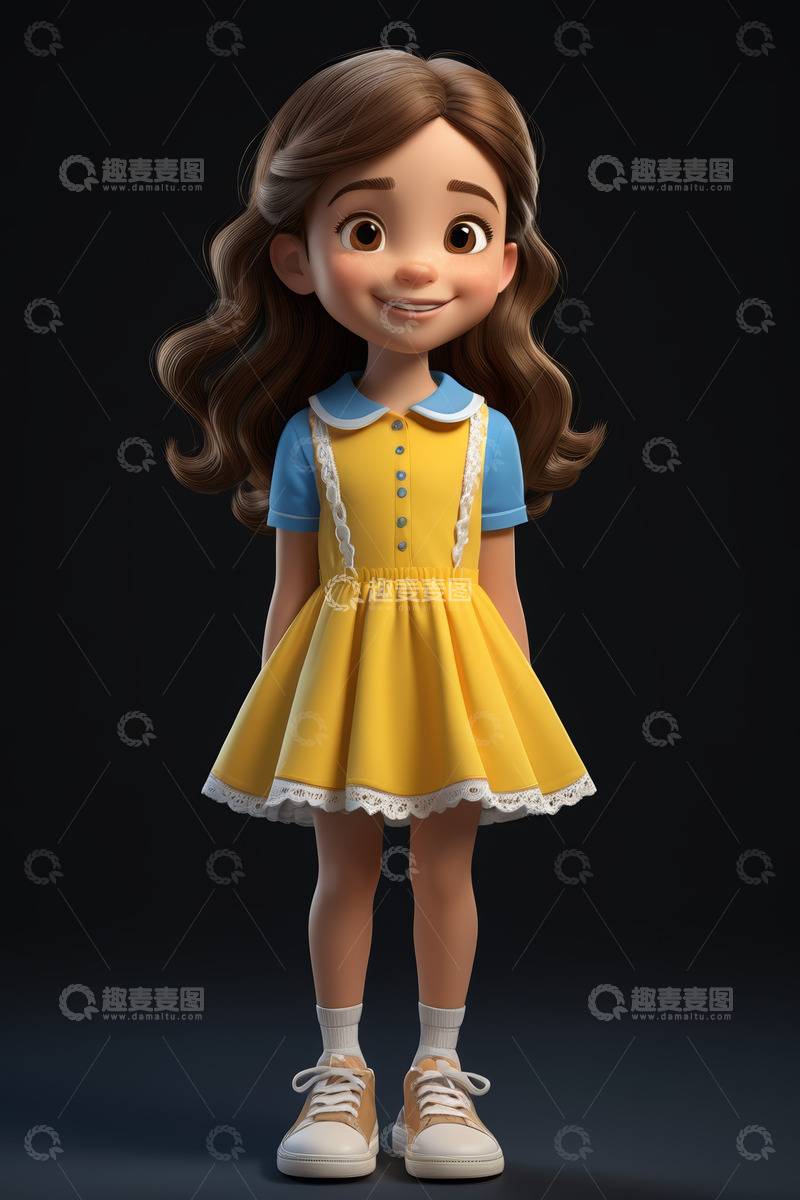 高清大图下载【趣麦麦图】卡通小女孩穿着黄色连衣裙形象