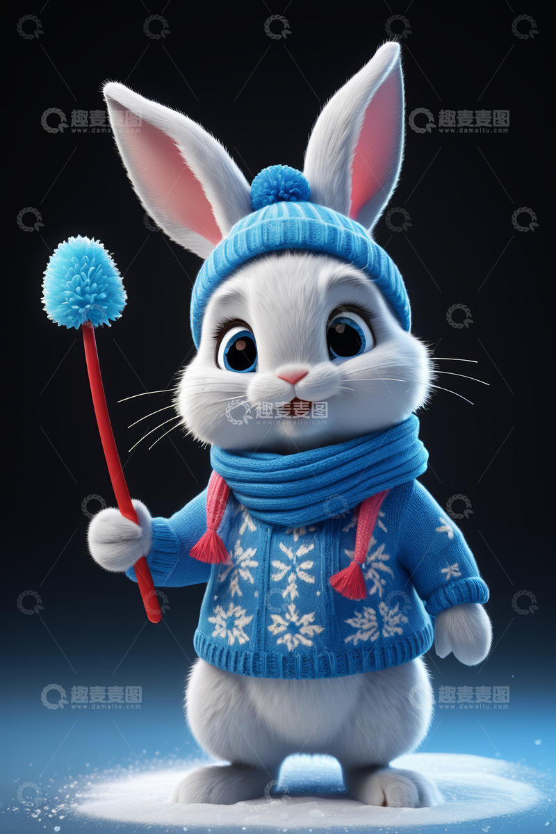 高清大图下载【趣麦麦图】手持绒球的动画兔子形象