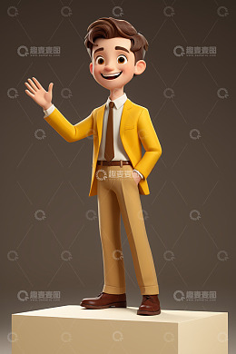 卡通男人穿西装挥手形象