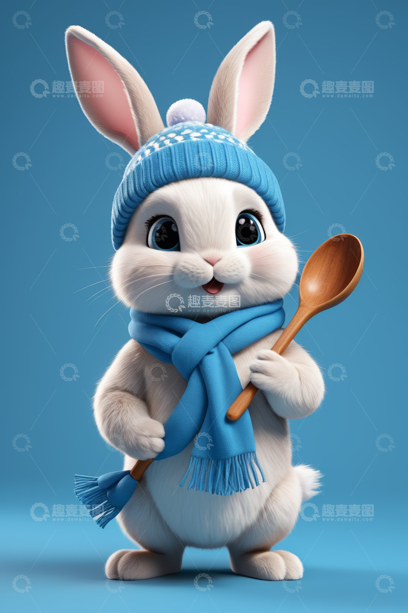 高清大图下载【趣麦麦图】戴帽围巾兔子手持木勺形象