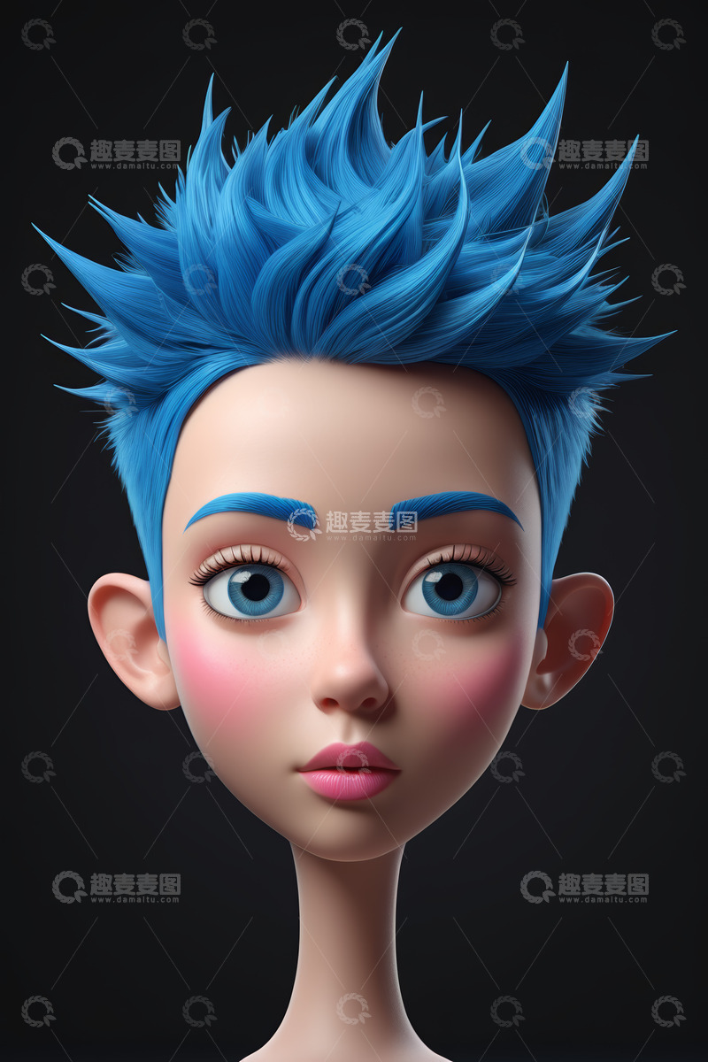 高清大图下载【趣麦麦图】蓝发卡通女孩面部特写