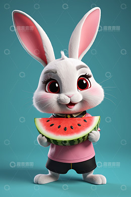 手持西瓜的可爱动画兔子