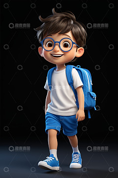 卡通男孩背书包行走形象