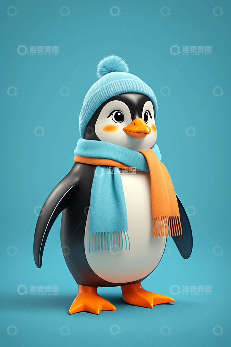 高清大图下载【趣麦麦图】戴帽围巾卡通企鹅形象