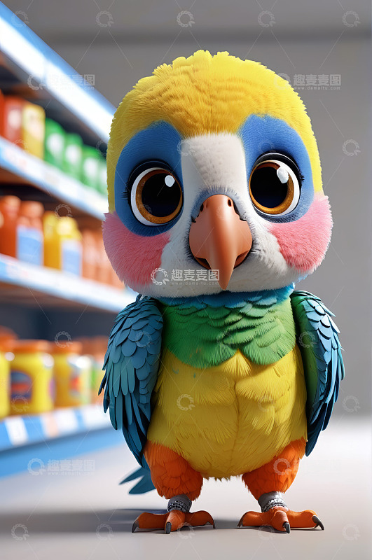 超市中的彩色动画鹦鹉