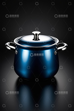 蓝色带盖双耳锅特写
