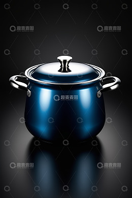 蓝色带盖双耳锅特写