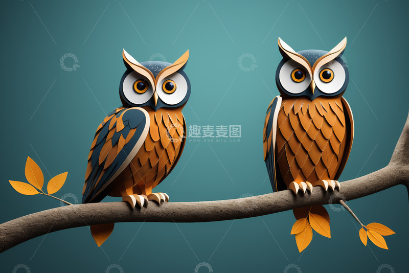 高清大图下载【趣麦麦图】两只猫头鹰栖息在树枝上