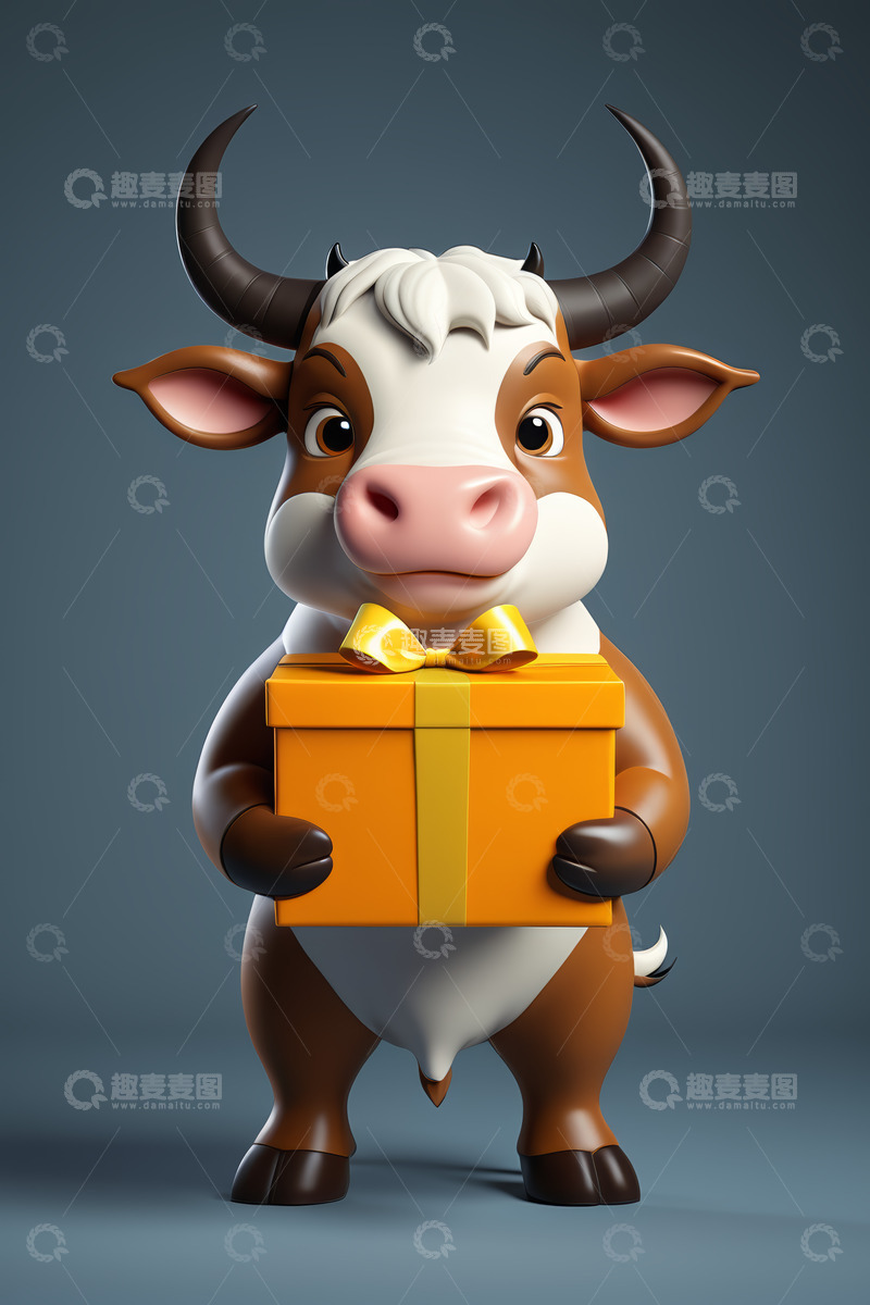 高清大图下载【趣麦麦图】-卡通牛手持礼品盒