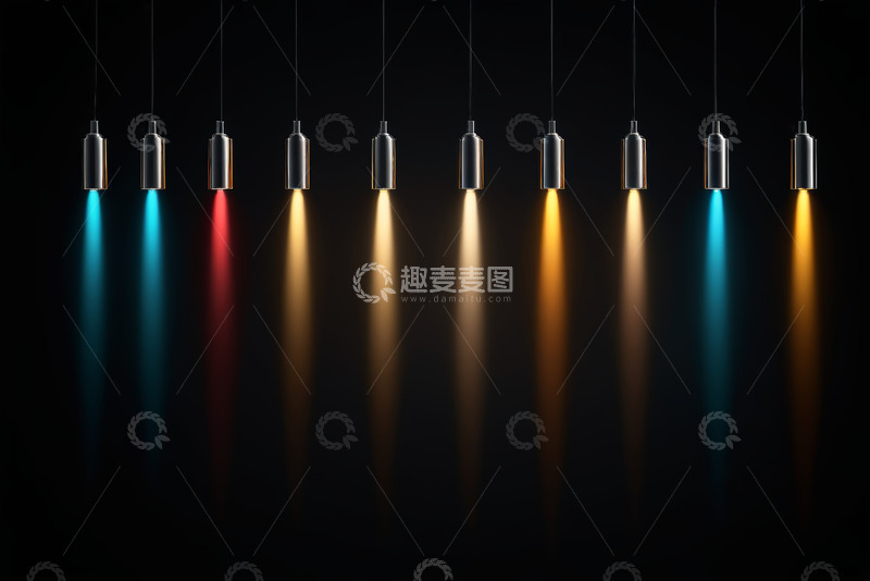 高清大图下载【趣麦麦图】彩色发光吊灯垂挂黑色背景