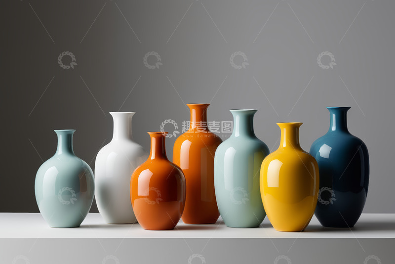 高清大图下载【趣麦麦图】多彩花瓶摆放在白色台面上