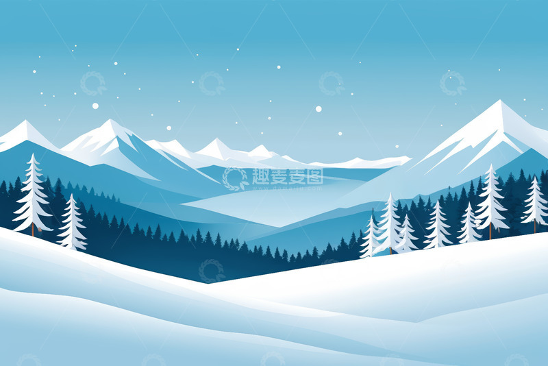 高清大图下载【趣麦麦图】冬季雪山松林雪景插画