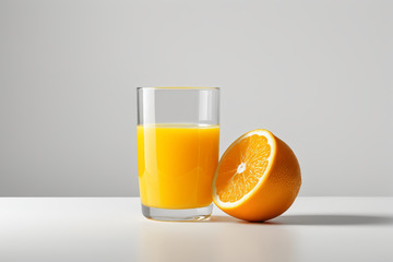 玻璃杯装橙汁与半颗橙子