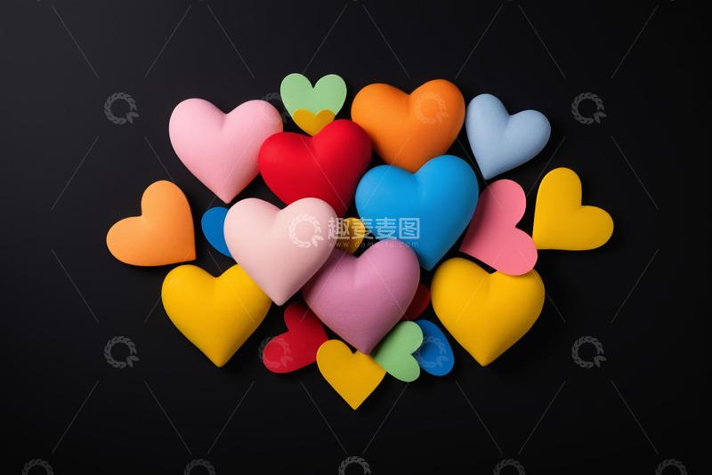 高清大图下载【趣麦麦图】黑色背景多彩心形图案