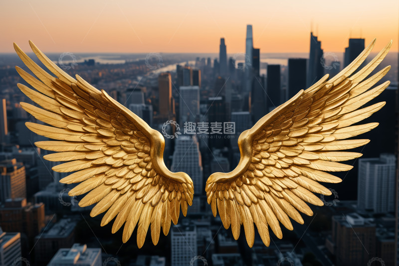 高清大图下载【趣麦麦图】城市上空金色天使翅膀景观