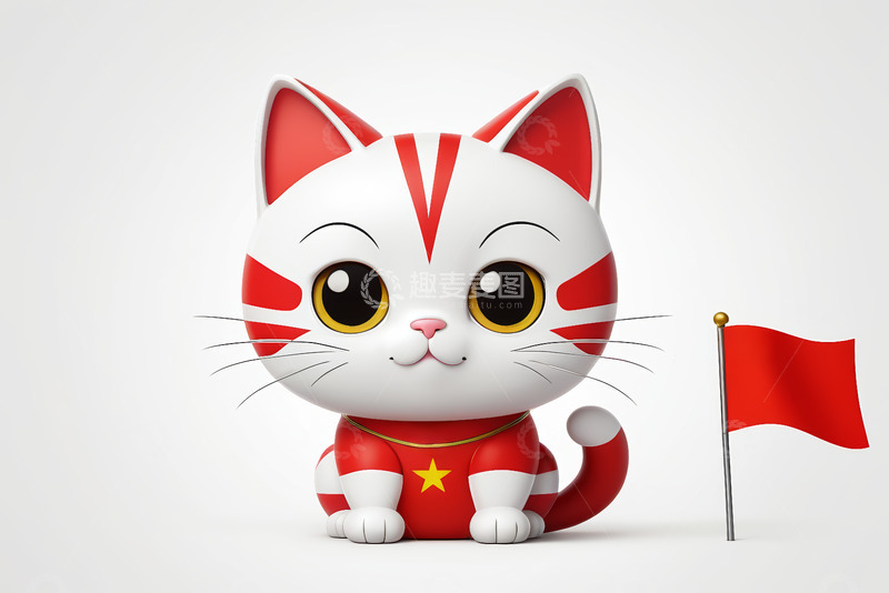 高清大图下载【趣麦麦图】红白配色卡通小猫与红旗