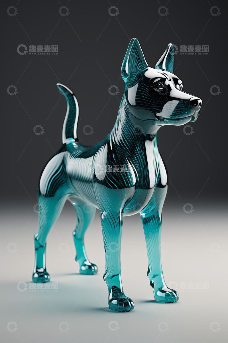 高清大图下载【趣麦麦图】蓝绿色玻璃材质狗形艺术摆件