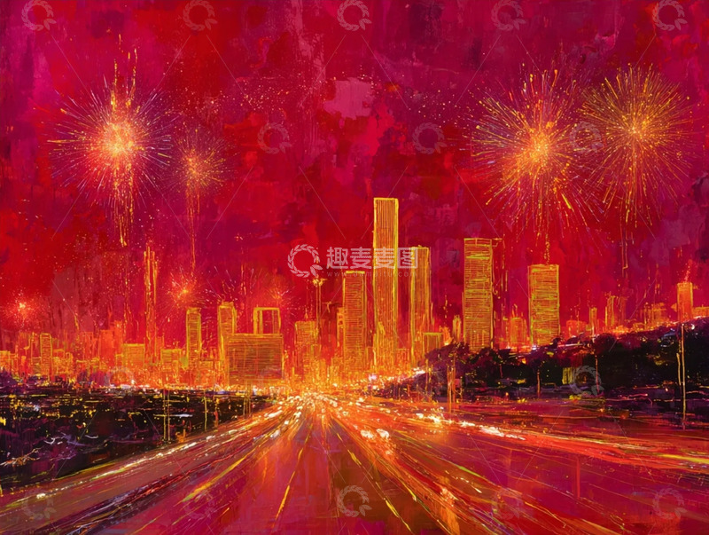 高清大图下载【趣麦麦图】红焰夜色里的都市烟花与车流光轨