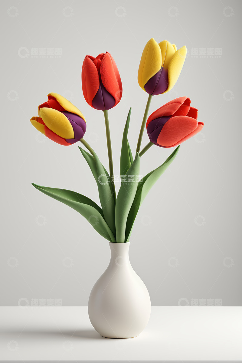 高清大图下载【趣麦麦图】白色花瓶中多彩郁金香