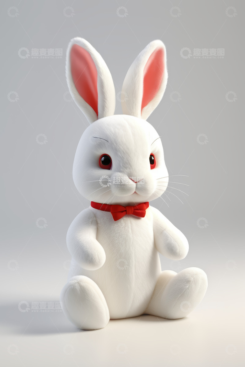 高清大图下载【趣麦麦图】白色兔子玩偶佩戴红色领结