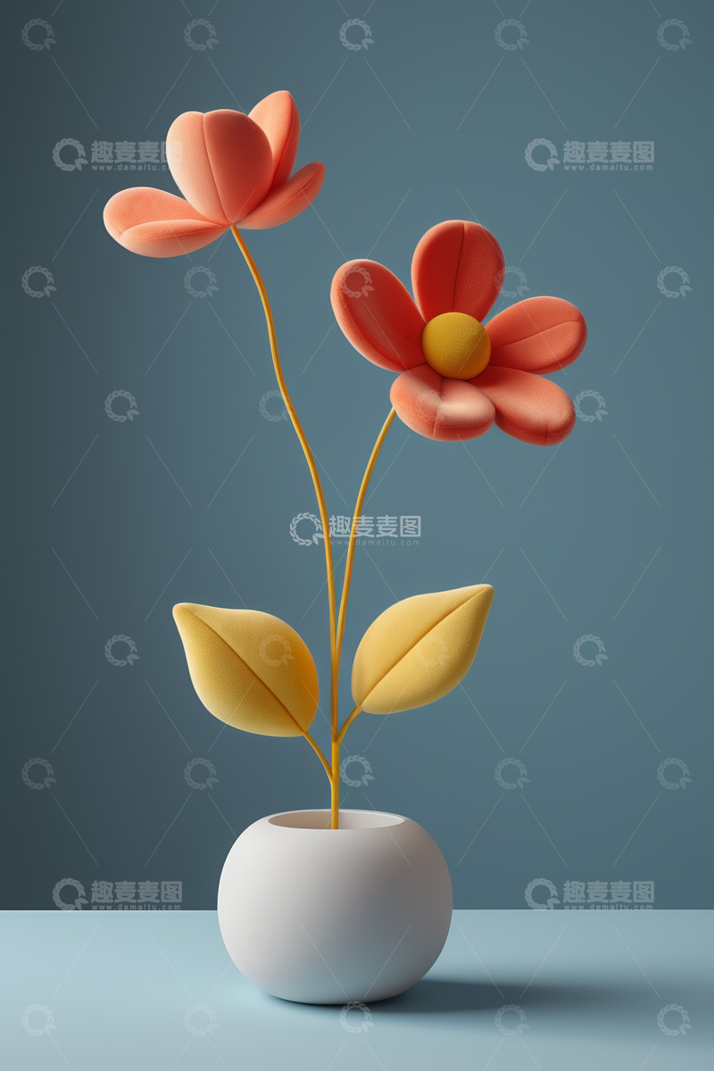 高清大图下载【趣麦麦图】白色花瓶中两朵立体花朵