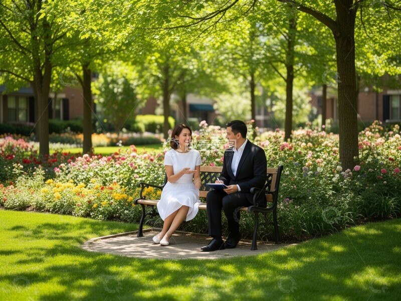 高清大图下载【趣麦麦图】公园情侣交谈风光摄影