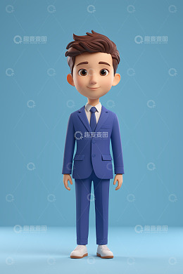 卡通男人身着蓝色西装形象