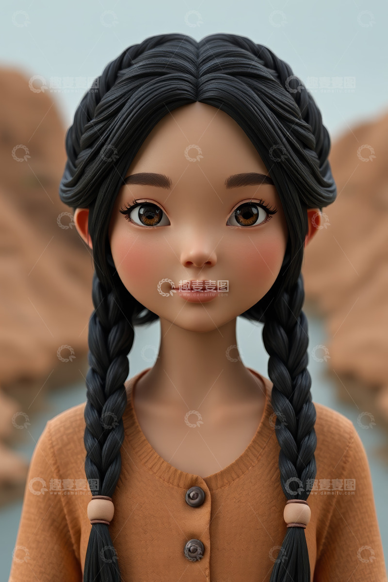 高清大图下载【趣麦麦图】双麻花辫卡通女孩特写