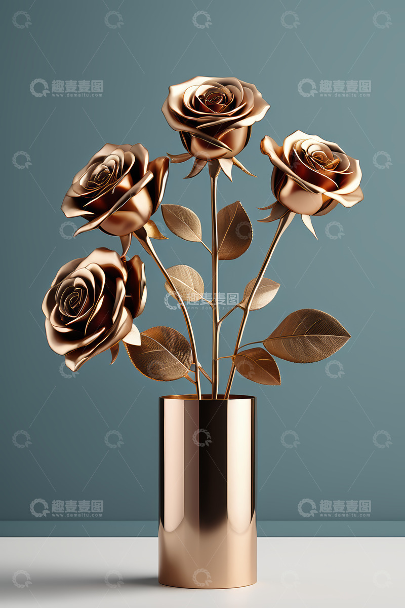 高清大图下载【趣麦麦图】金属质感玫瑰花瓶静物素材