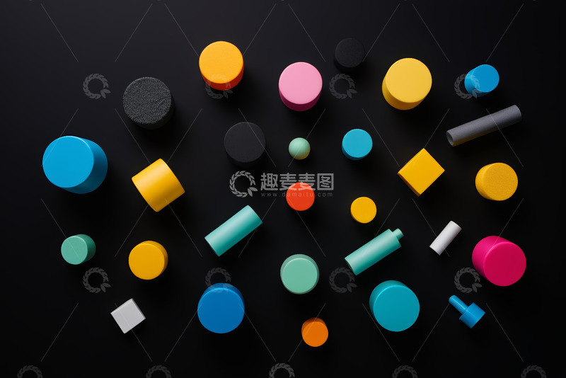 高清大图下载【趣麦麦图】黑色背景上多彩几何形状静物
