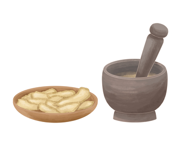 云当归草本插画研钵与盛有食材的木碗