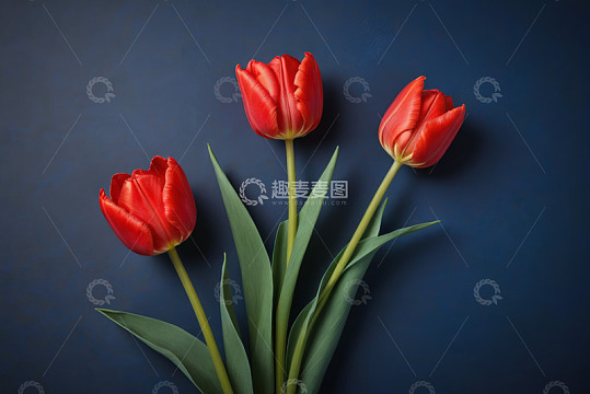 蓝色背景红色郁金香特写