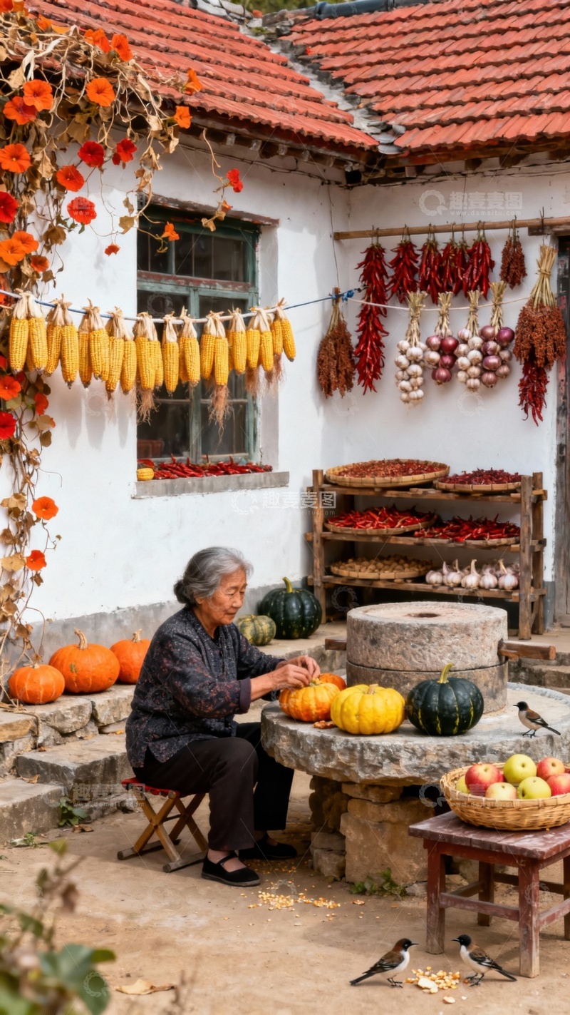 高清大图下载【趣麦麦图】农家小院里收拾南瓜的老奶奶