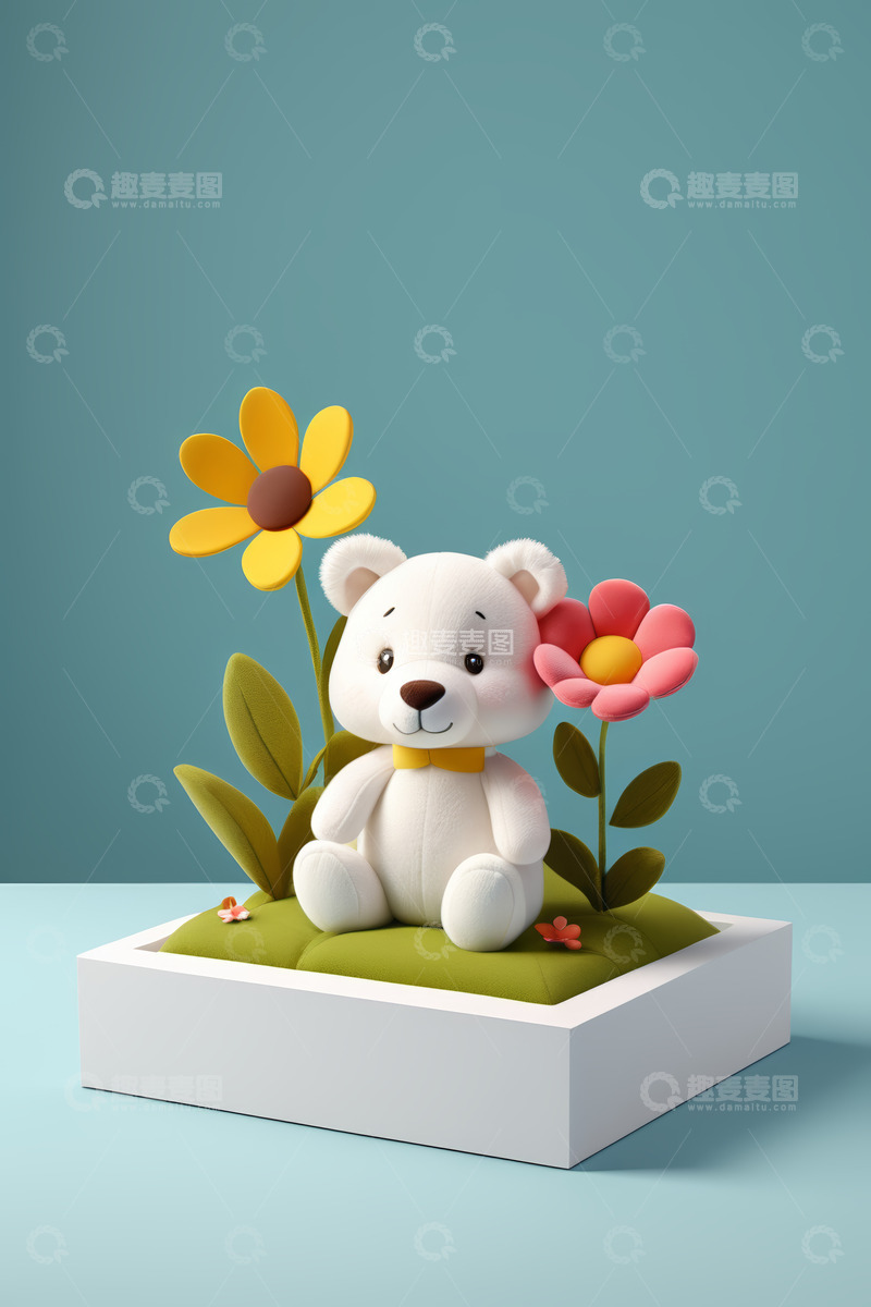 高清大图下载【趣麦麦图】白色小熊与花朵装饰摆件