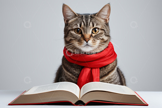 戴红围巾猫咪与翻开的书