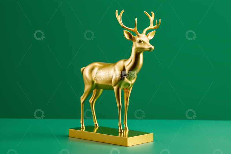 高清大图下载【趣麦麦图】绿色背景金色鹿摆件